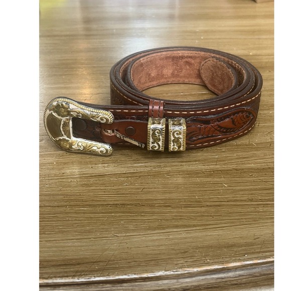 Nocona Men's Leather Western Belt with Silver/ Bronze Buckle size 50 - Picture 1 of 7